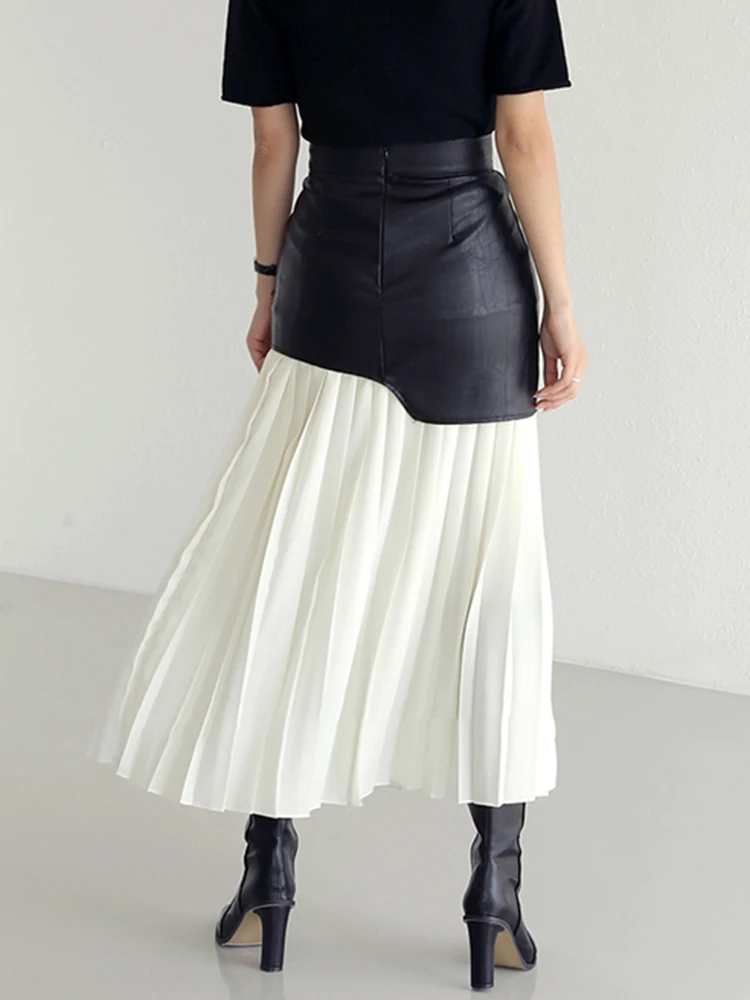 TWOTWINSTYLE Casual Patchwork Pu Skirt For Women High Waist Midi Folds Pleated Skirts Female 2022 Spring Fashion Clothing Style - Image 3