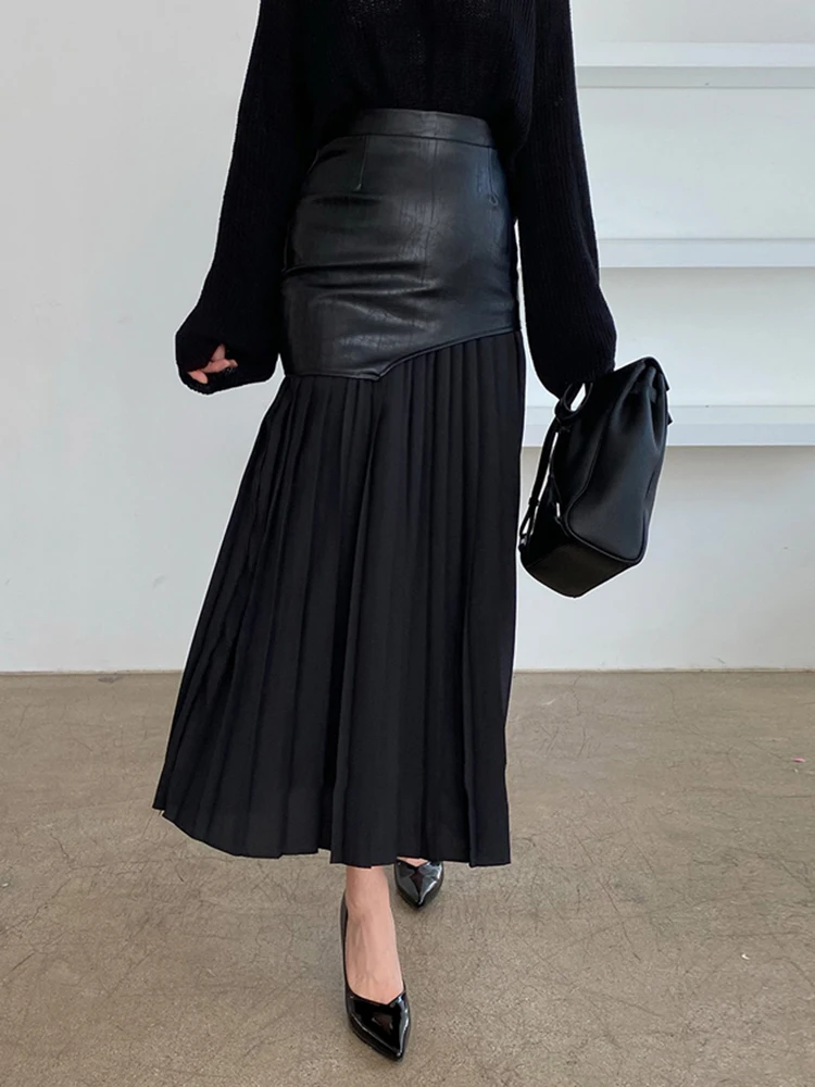 TWOTWINSTYLE Casual Patchwork Pu Skirt For Women High Waist Midi Folds Pleated Skirts Female 2022 Spring Fashion Clothing Style - Image 5