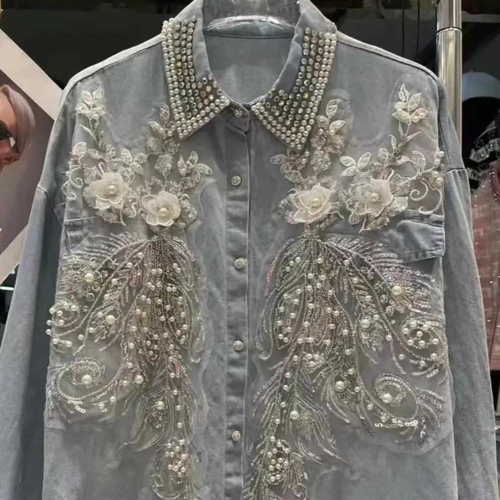 New In Autumn Diamonds Beaded Stitch Mid-length Denim Shirts & Blouses For Women's Fashion Trend 2024 Tops Blusas Clothes - Image 3